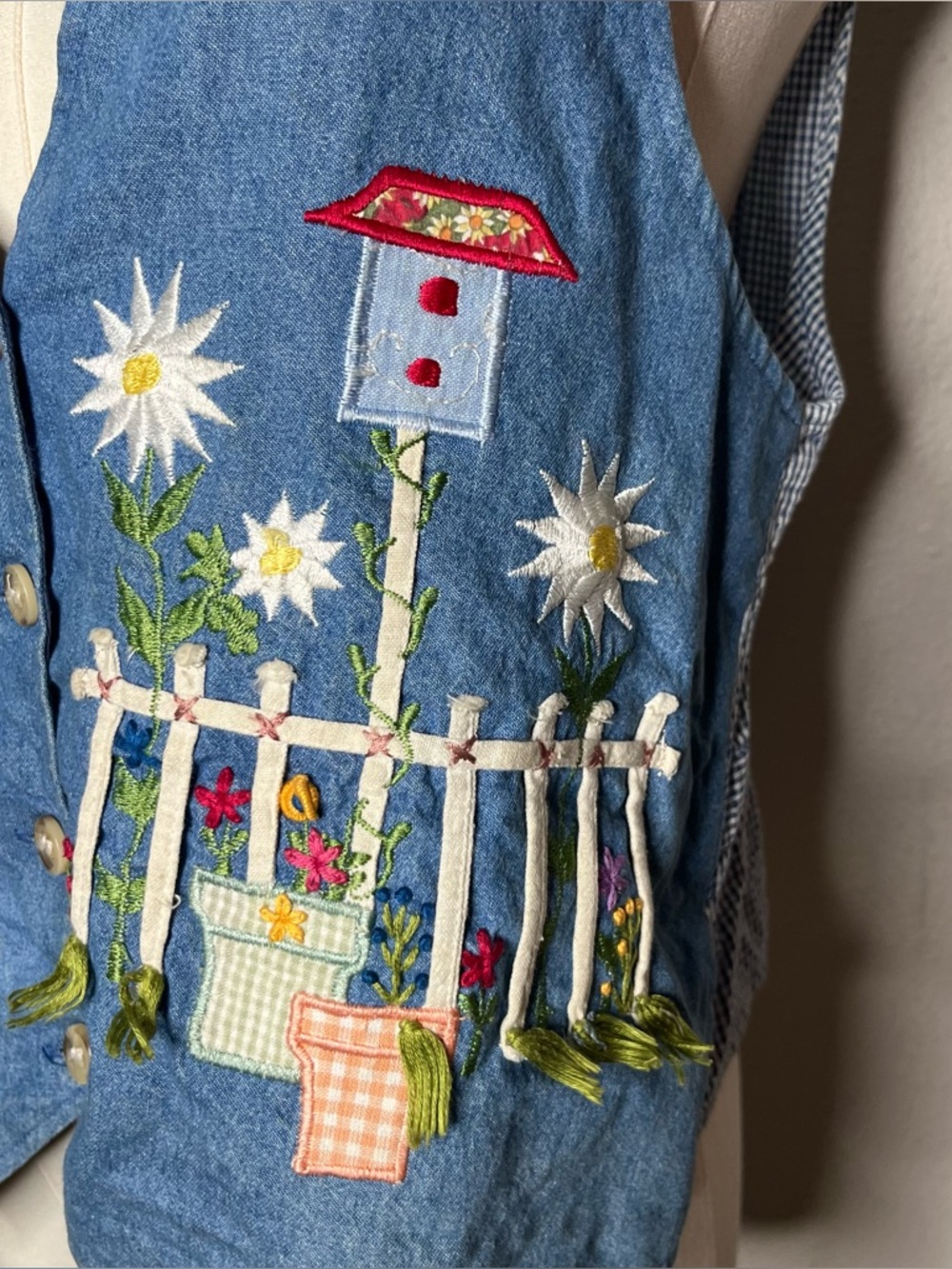 90s Vintage Garden Embroidered Denim Button Front Vest Artsy Boho Cottagecore - Picture 5 of 9